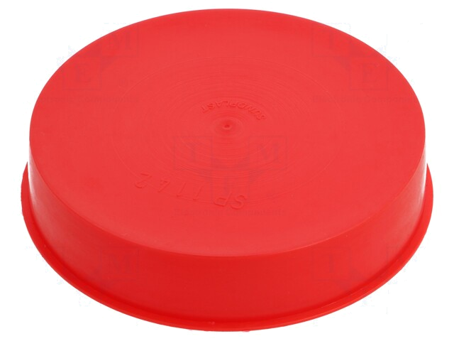 Afdekdopje; Lichaam: rood; Buitendiam: 115,6mm; H: 23mm; Mat: LDPE Afdekdopje; Lichaam: rood; Buitendiam: 115,6mm; H: 23mm; Mat: LDPE